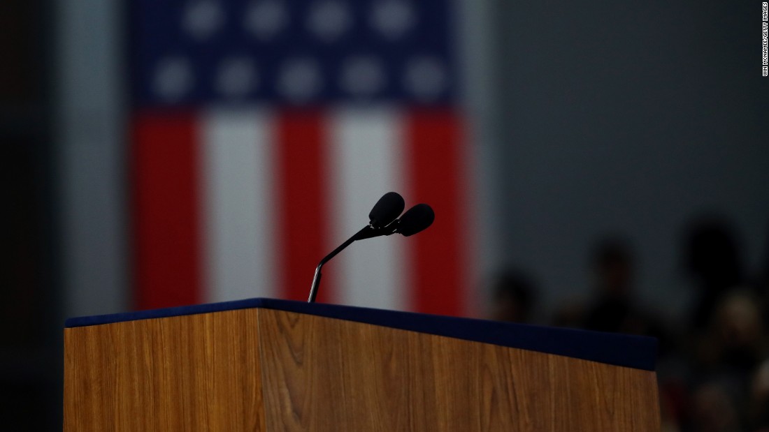 An empty lectern is seen at the Javits Center -- the site of Clinton&#39;s election night gathering in New York -- on November 9, 2016. With Clinton trailing in the Electoral College and a few remaining states too close to call, Clinton&#39;s campaign chief, John Podesta, announced that Clinton would not be giving a speech to the crowd. She later called Trump to concede the election.