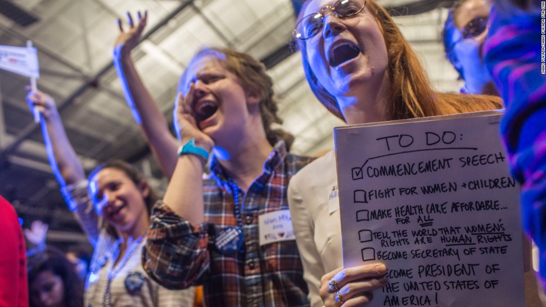 Claire Shea, dressed as Clinton, cheers during an election night party at Wellesley College in Wellesley, Massachusetts. Wellesley College is Clinton&#39;s alma mater.