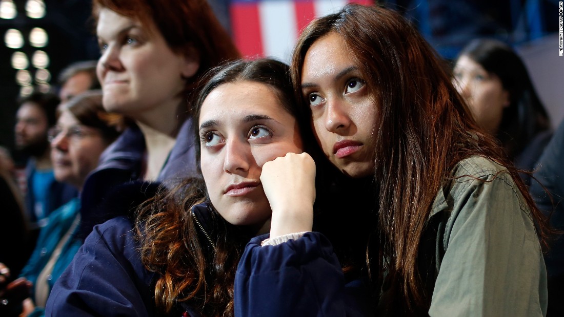 Clinton supporters watch the voting results at the Javits Center.