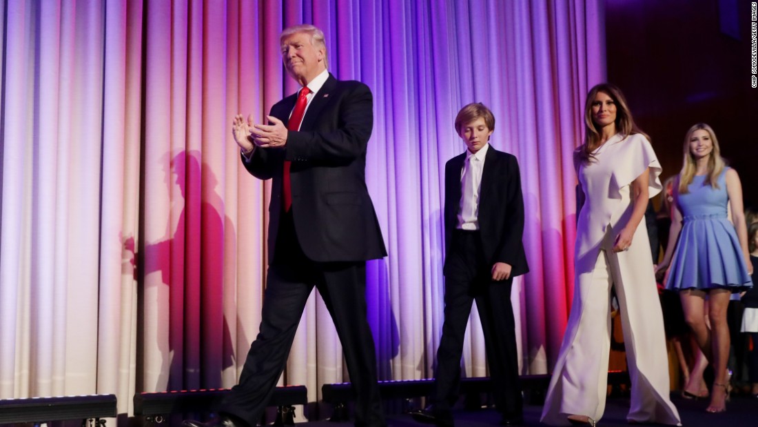 Trump walks on stage with his family after he was declared the election winner in November 2016. &quot;Ours was not a campaign, but rather, an incredible and great movement,&quot; he told his supporters in New York.