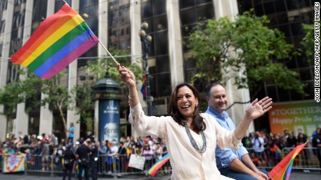 Kamala Harris, then California&#39;s attorney general, rides in San Francisco&#39;s Pride parade in  2016. 
