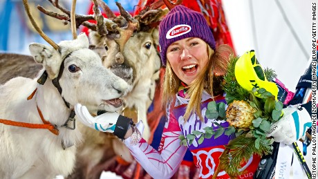 Mikaela Shiffrin takes first place during the women&#39;s slalom in Levi, Finland -- winning a reindeer.