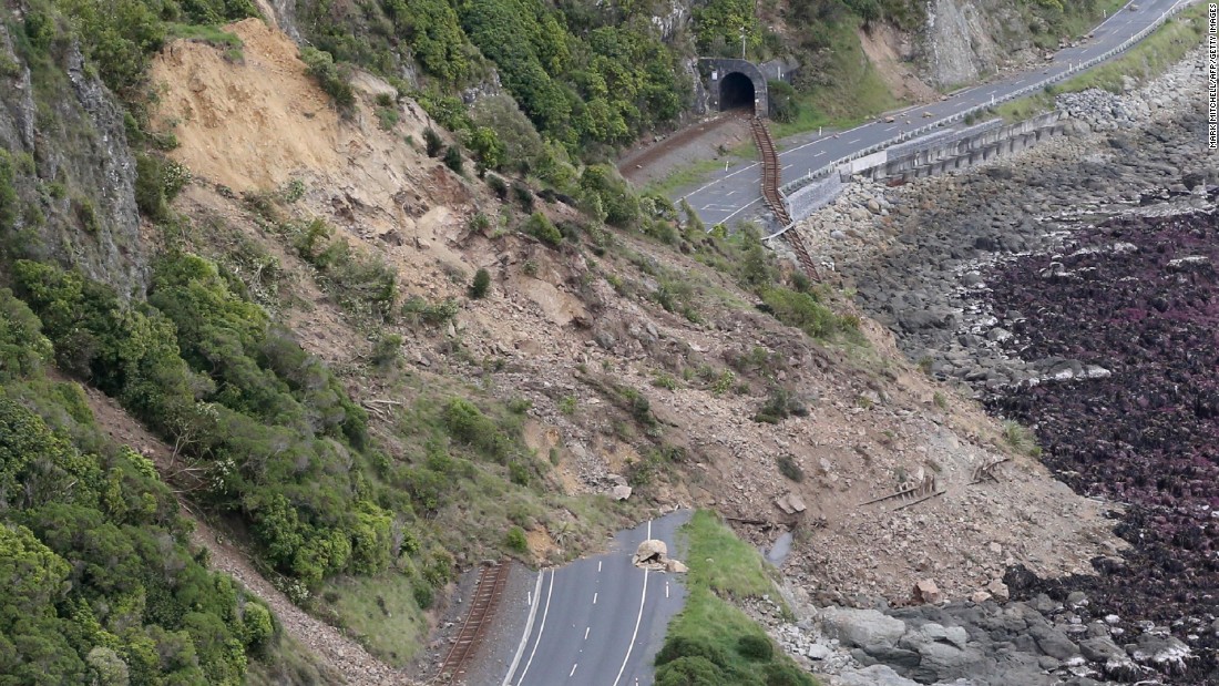 A landslide cuts off State Highway One near Ohau Point on the east coast of the South Island on Monday, November 14.