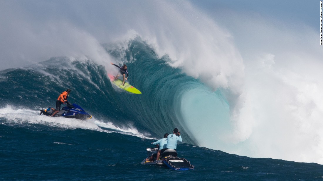 Hawaiian surfer Paige Alms wins the first ever women&#39;s event at the giant Maui wave known as &quot;Jaws.&quot;