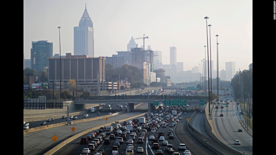 A haze hovers over the Atlanta skyline from a wildfire burning in the northwest part of Georgia on November 14.