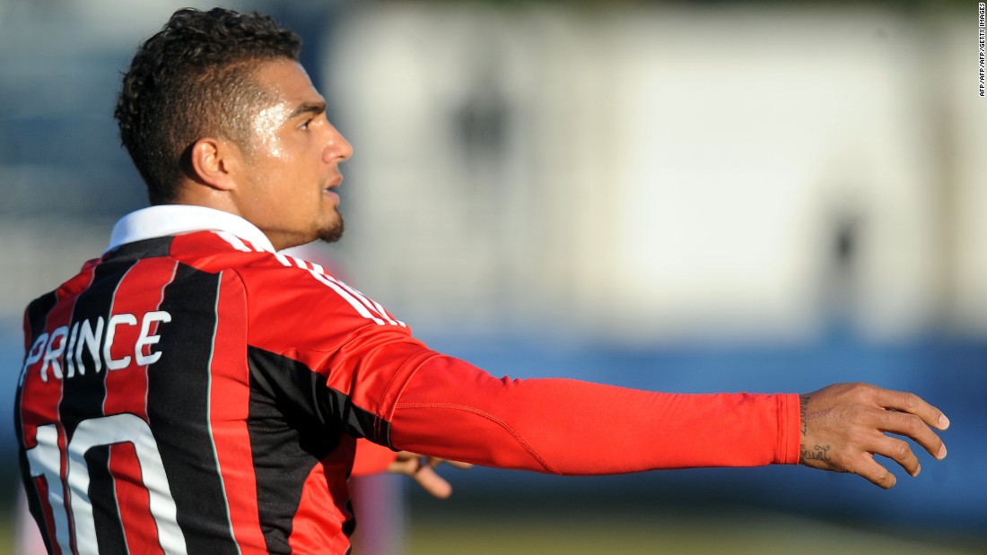 AC Milan&#39;s former Ghanaian defender Kevin-Prince Boateng picked up the ball, kicked it towards the stands and walked off the pitch during a friendly against Pro Patria in Busto Arsizio on January 3, 2013 because of racists chants from home supporters. &quot;Shame that these things still happen,&quot; the 25-year-old German-born Ghanaian player said on his Twitter account. The match was stopped in the 26th minute when he led his team off the pitch. 