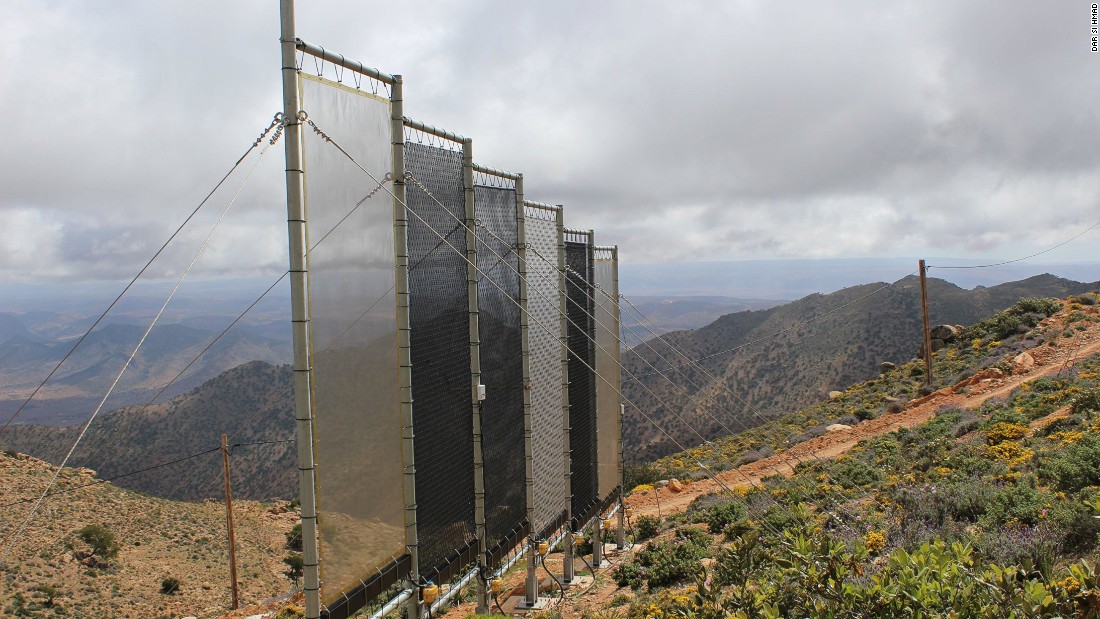 In a mountainous area on the edge of the Sahara in Southwest Morocco, large mesh nets capture clouds of fog and condense it into clean drinking water.