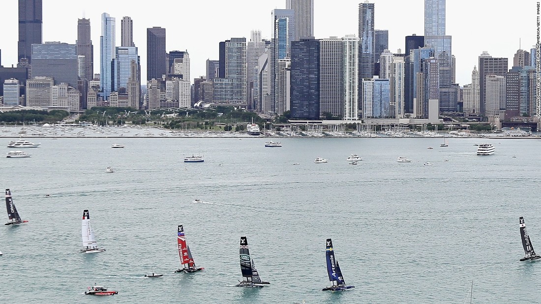 Competitors pictured in the first freshwater races in the event&#39;s history on Lake Michigan in June.