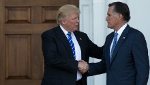 BEDMINSTER TOWNSHIP, NJ - NOVEMBER 19: (L to R) President-elect Donald Trump shakes hands with Mitt Romney after their meeting at Trump International Golf Club, November 19, 2016 in Bedminster Township, New Jersey. Trump and his transition team are in the process of filling cabinet and other high level positions for the new administration.  (Photo by Drew Angerer/Getty Images)