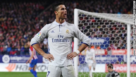 Cristiano Ronaldo celebrates scoring his hat-trick goal in the last Madrid Derby at the Vicente Calderon.
