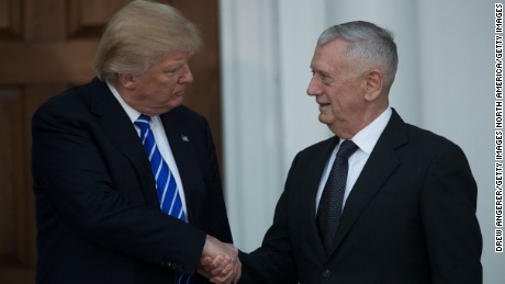 BEDMINSTER TOWNSHIP, NJ - NOVEMBER 19:  (L to R) President-elect Donald Trump shakes hands with retired United States Marine Corps general James Mattis after their meeting at Trump International Golf Club, November 19, 2016 in Bedminster Township, New Jersey. Trump and his transition team are in the process of filling cabinet and other high level positions for the new administration.  (Photo by Drew Angerer/Getty Images)