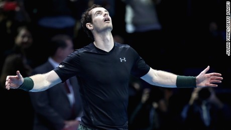Andy Murray of Great Britain celebrates defeating Milos Raonic of Canada in their men&#39;s singles semi final on day seven of the ATP World Tour Finals at O2 Arena on November 19 in London, England. 