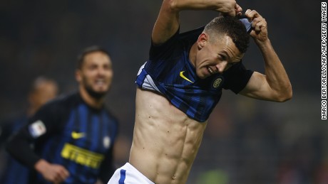 Ivan Perisic celebrates his late equalizer for Inter in the Milan Derby.