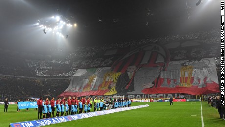 AC Milan fans unveil display honoring current owner Silvio Berlusconi.