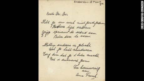 A poem written by Anne Frank signed and dated Amsterdam, March 28, 1942 sold at auction for 140,000 euros ($148,000). 