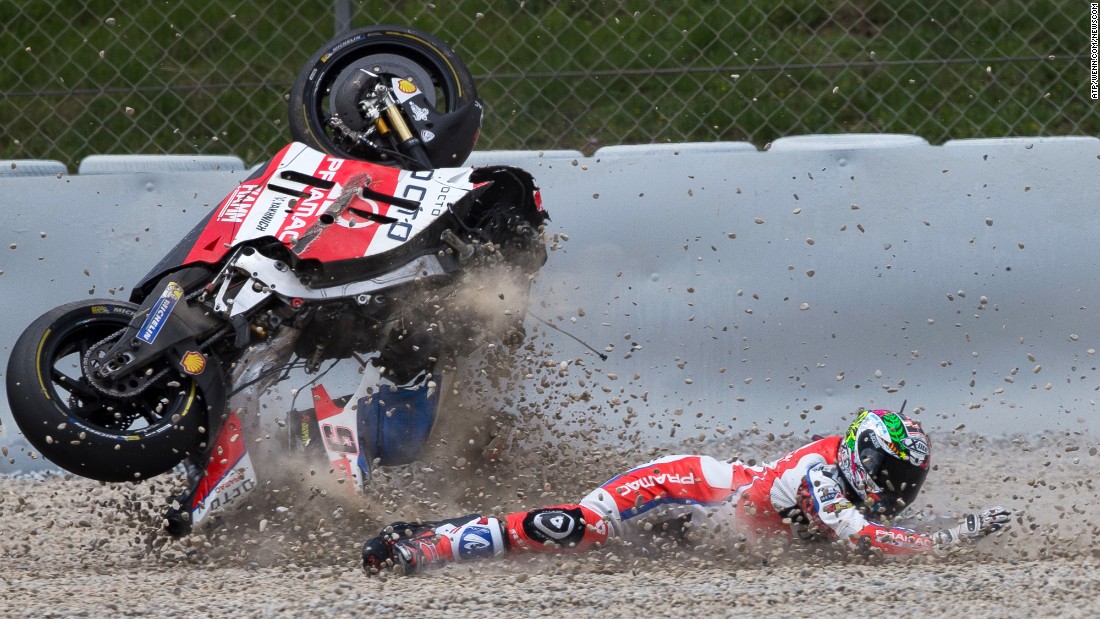 MotoGP rider Danilo Petrucci crashes Sunday, June 5, at the Catalunya Grand Prix in Barcelona, Spain. He finished the race in ninth.