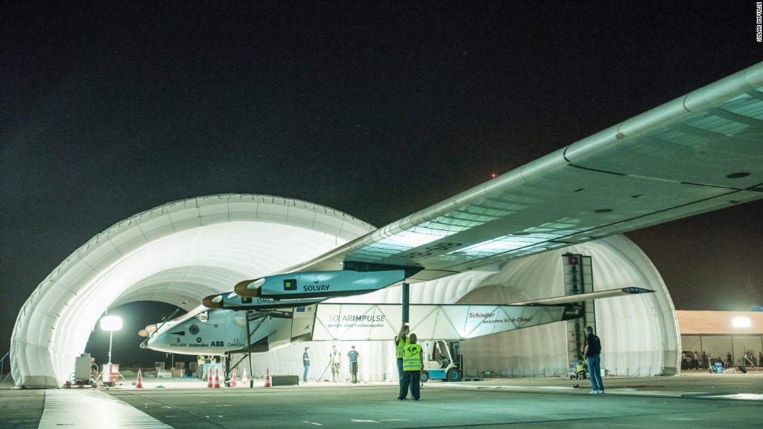 The plane stationed in China, ready to fly from Mandalay to Chongqing. It has a vast wingspan measuring 72 meters to reduce drag and a large surface area to hold enough solar cells.