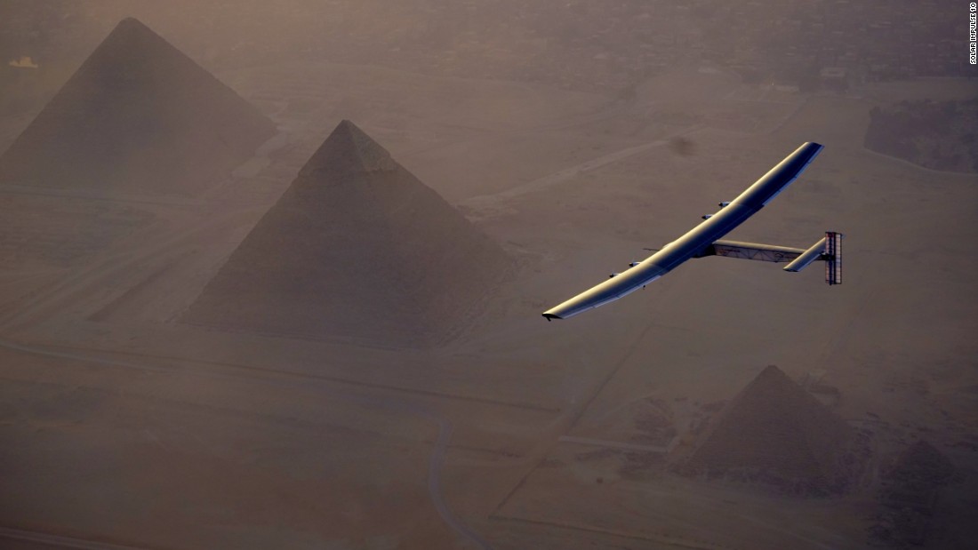 Just under two weeks away from completing the journey in Abu Dhabi, the plane is seen passing over the iconic pyramids in Egypt.