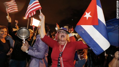 Cuban Americans celebrate upon hearing about the death of longtime Cuban leader Fidel Castro in the Little Havana neighborhood of Miami, Florida on November 26, 2016. Cuba&#39;s socialist icon and father of his country&#39;s revolution Fidel Castro died on November 25 aged 90, after defying the US during a half-century of ironclad rule and surviving the eclipse of global communism.