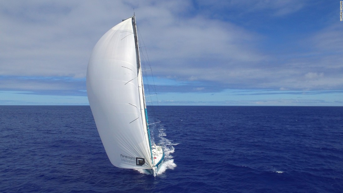 An image taken by drone shows Foresight Natural Energy, Conrad Colman&#39;s yacht in the Vendee Globe, carving through the South Atlantic in the direction of South Africa.