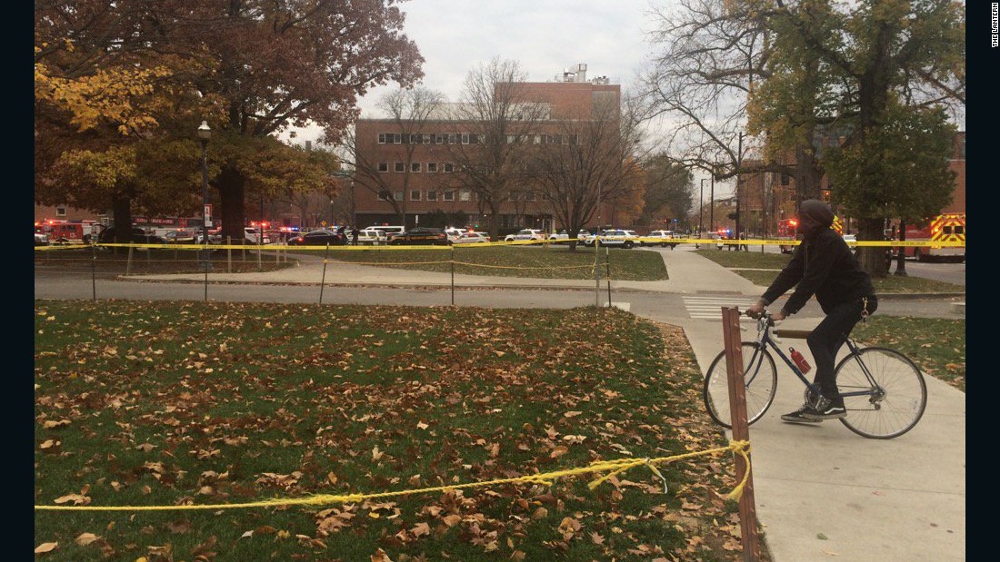 The school&#39;s student newspaper, The Lantern, tweeted several photos on campus during the chaos, which was initially reported by university officials as an active shooter incident. It&#39;s possible the gunshots heard were those of police trying to stop the attacker, a federal law enforcement official said. &quot;Students/bystanders have been moved back from the scene toward Arps Hall,&quot; &lt;a href=&quot;https://twitter.com/TheLantern/status/803254752523980800&quot; target=&quot;_blank&quot;&gt;The Lantern tweeted&lt;/a&gt; with this photo of a bicyclist.