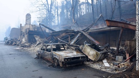 Wildfires have burned businesses and vehicles such as these in Gatlinburg. 