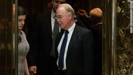 Rep. Tom Price gets into an elevator at Trump Tower, November 16, 2016 in New York City. 