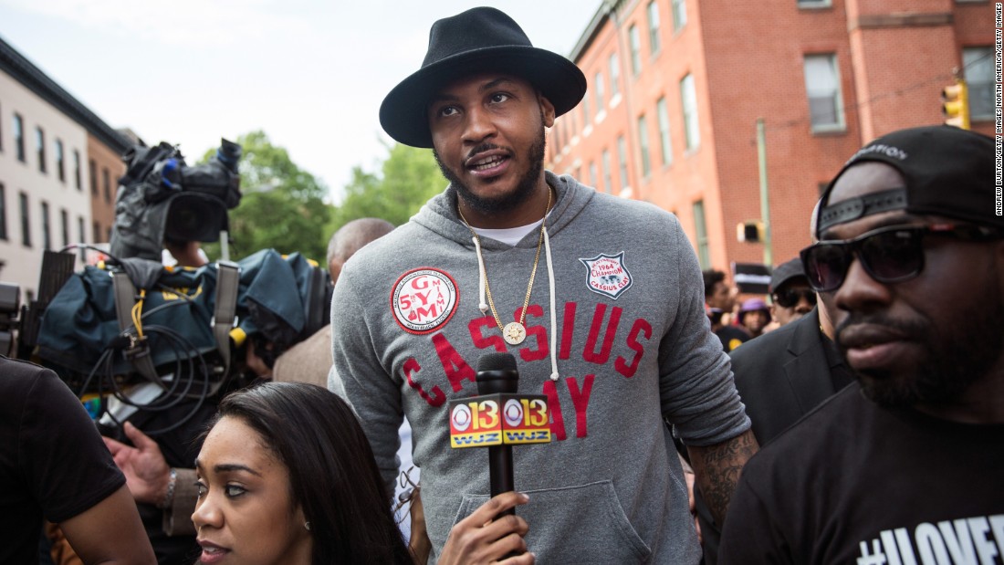 NBA star Carmelo Anthony of the New York Knicks marched with protesters in Maryland, demanding better police accountability and racial equality following the death of Freddie Gray while in police custody in April 2015.