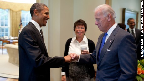 President Barack Obama fist-bumps Vice President Joe Biden, as Senior Advisor Valerie Jarrett looks on, before a meeting in the Oval Office, Sept. 16, 2010. (Official White House Photo by Pete Souza)

This official White House photograph is being made available only for publication by news organizations and/or for personal use printing by the subject(s) of the photograph. The photograph may not be manipulated in any way and may not be used in commercial or political materials, advertisements, emails, products, promotions that in any way suggests approval or endorsement of the President, the First Family, or the White House.