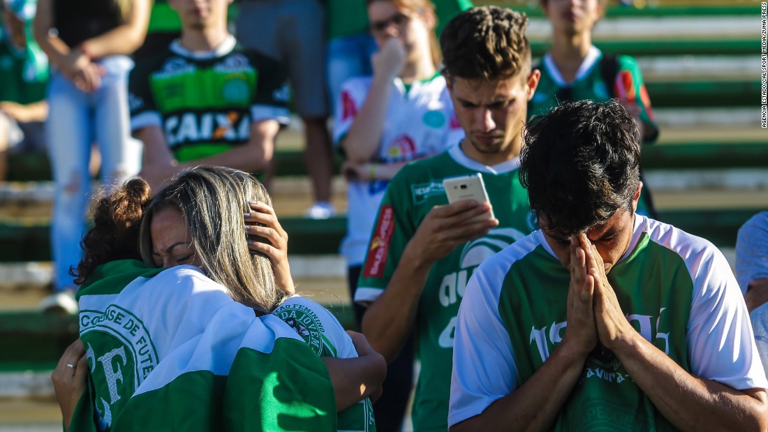 Chapecoense supporters take part in a vigil at the team&#39;s stadium in Chapeco on Tuesday, November 29.