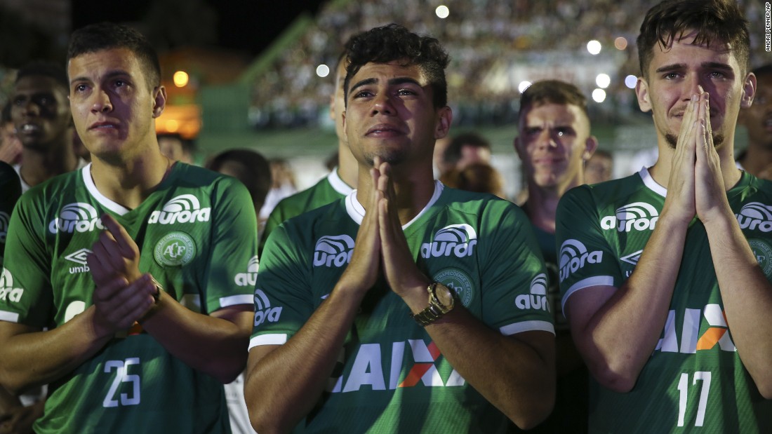 Players from the Brazilian soccer team Chapecoense mourn their fallen teammates during a tribute at the team&#39;s stadium in Chapeco, Brazil, on Wednesday, November 30. A charter airplane carrying 77 people, including most players from Chapecoense, crashed near Rionegro, Colombia, on Monday, November 28. Seventy-one people were killed, officials said. Six survived: three players, two crew members and one journalist.
