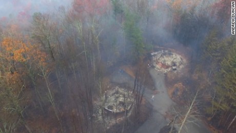 This image, taken Wednesday by a camera from an aerial drone operated by Gatlinburg cabin owner Andrew Duncan, shows cabins destroyed by the Gatlinburg-area wildfire.