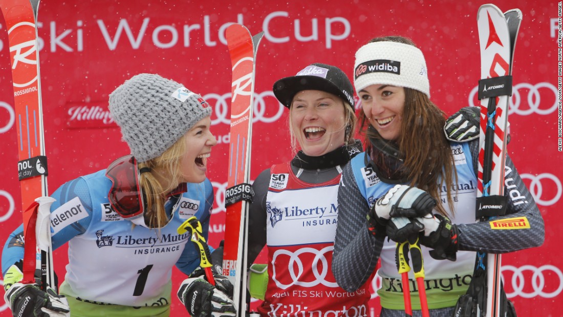Male and female skiers in the French team train separately, a move implemented within the last few years to enable coaches to spend more concentrated time honing in on strategy, technical abilities, and mental preparation. This includes the likes of Tessa Worley (center), who is seen celebrating her first place finish in the giant slalom event in Killington.