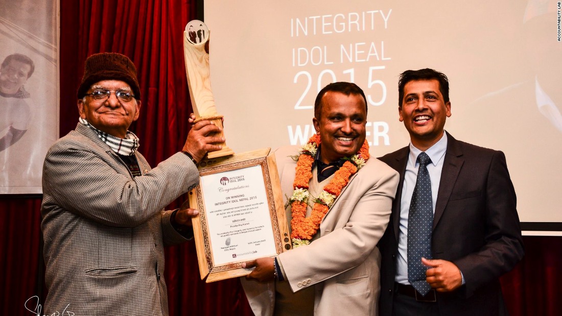 District administrator Pradip Raj Kandel receives the award for Integrity Idol Nepal 2015. &lt;br /&gt;&lt;br /&gt;The competition was launched by NGO Accountability Lab in Nepal in 2014, and is now held in four countries, which could rise to eight next year. 