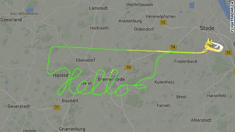 Aircraft path over Germany spells hello on radar, as captured by Flightradar24