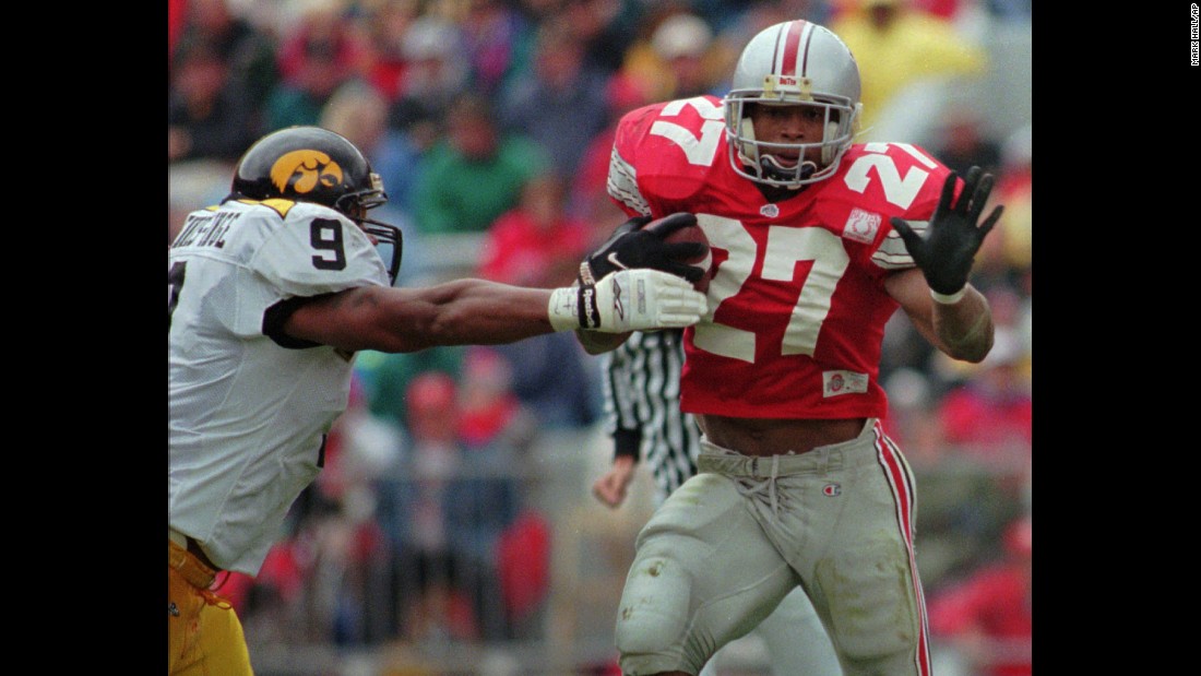 Ohio State&#39;s Eddie George pulls away from Iowa defender Bill Ennis-Inge in Columbus, Ohio, on October 28, 1995. After retiring from the NFL, George took up acting and appeared on Broadway as lawyer Billy Flynn in the musical &quot;Chicago&quot; &lt;a href=&quot;http://www.nytimes.com/2016/01/19/theater/eddie-george-leaps-to-chicago-from-the-nfl.html?_r=0&quot; target=&quot;_blank&quot;&gt;this year&lt;/a&gt;.