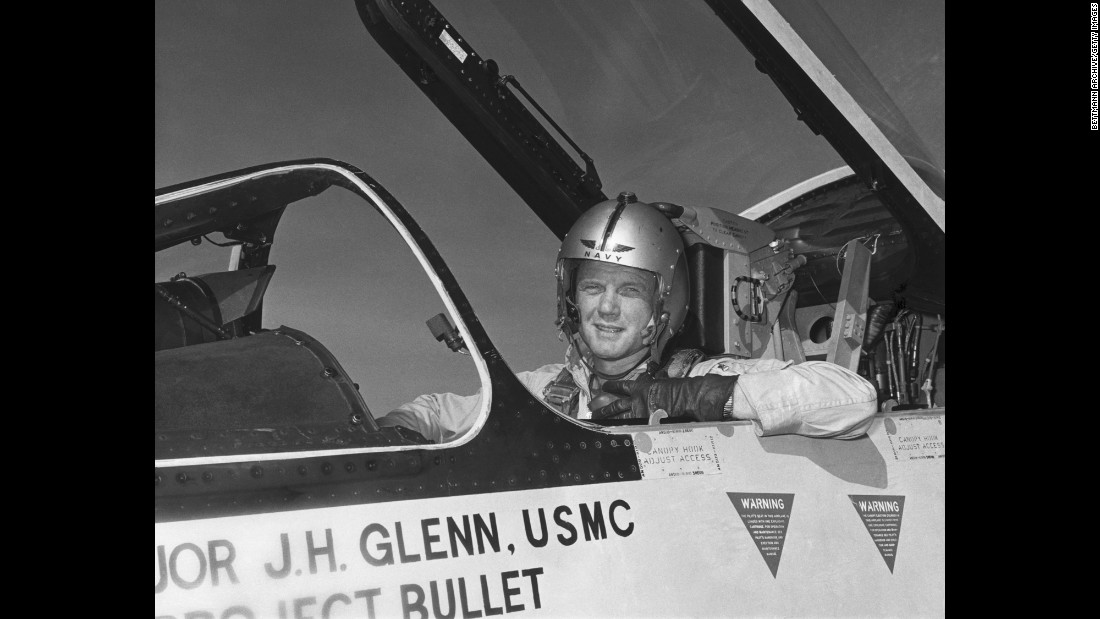During World War II, Glenn enlisted in the Naval Aviation Cadet Program in 1942 and became a pilot for the US Marines a year later. Glenn, pictured here in the cockpit of an F-8 fighter, completed nearly 150 combat missions in World War II and the Korean War.