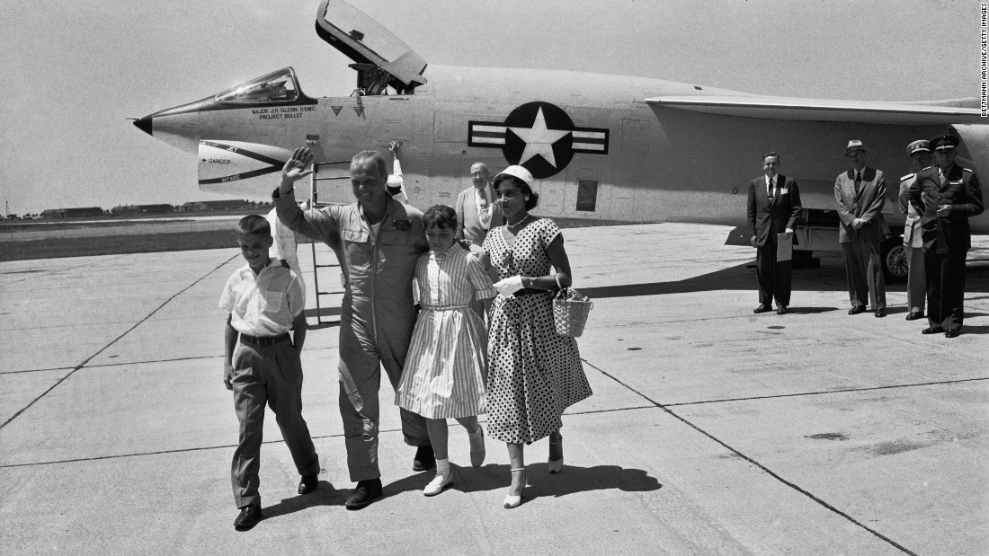 Glenn&#39;s family -- wife  Annie, daughter, Carolyn &quot;Lyn&quot; and son David -- greet him at Floyd Bennett Field in New York after his record-breaking transcontinental flight.