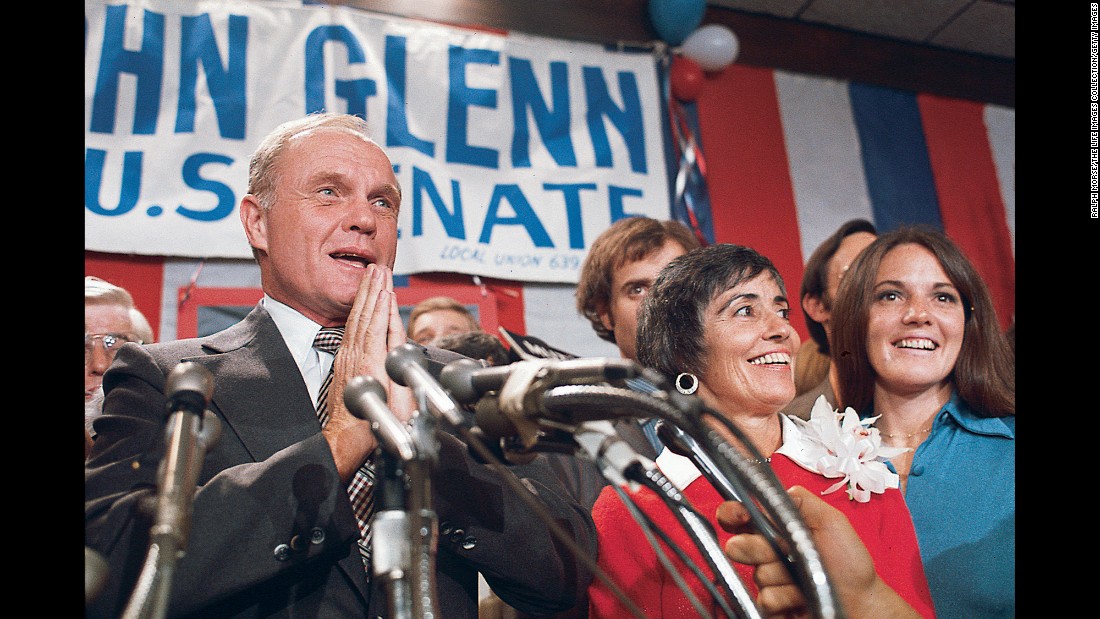 Glenn and his family celebrate his November 1974 election win as US senator from Ohio. He began a 24-year career on Capitol Hill and was widely regarded as an effective legislator and moderate Democrat. He unsuccessfully sought the Democratic presidential nomination in 1984. 