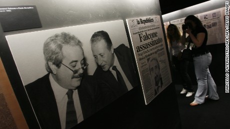 A photograph of Paolo Borsellino and Giovanni Falcone -- both of who were killed by the mafia -- displayed in the &quot;Mafia&#39;s Museum Leonardo Sciascia&quot; in Salemi, near Trapani on the Italian island of Sicily on the day of its opening on May 11, 2010.