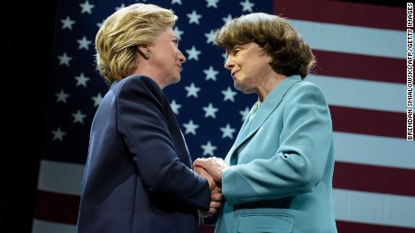 Hillary Clinton and Sen. Dianne Feinstein embrace during a fundraiser on October 13, 2016, in San Francisco.