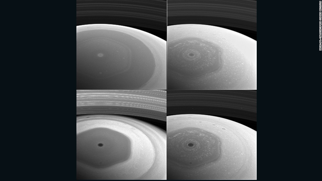 NASA&#39;s Cassini spacecraft took these images of the planet&#39;s mysterious hexagon- shaped jetstream in December 2016. The hexagon was discovered in images taken by the Voyager spacecraft in the early 1980s. It&#39;s estimated to have a diameter wider than two Earths.