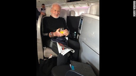 Buzz Aldrin on his flight home after being released from the hospital.