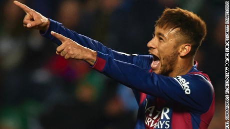 ELCHE, SPAIN - JANUARY 24:  Neymar JR of Barcelona celebrates after scoring during the La Liga match between Elche FC and FC Barcelona at Estadio Manuel Martinez Valero on January 24, 2015 in Elche, Spain.  (Photo by Manuel Queimadelos Alonso/Getty Images)