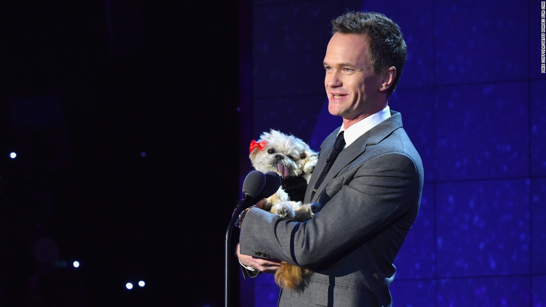 Presenter Neil Patrick Harris holds Instagram star &lt;a href=&quot;https://www.instagram.com/marniethedog/?hl=en&quot; target=&quot;_blank&quot;&gt;Marnie the Dog. &lt;/a&gt;Harris introduced Top 10 CNN Hero Sherri Franklin, whose nonprofit rescues senior dogs and finds them forever homes.