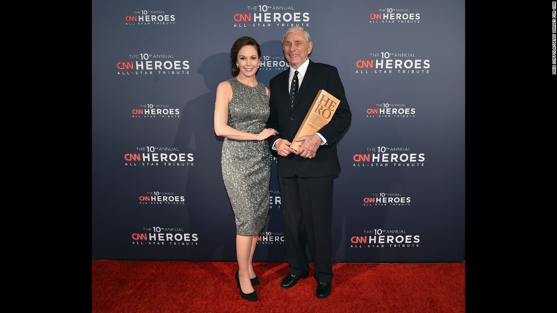 Actress Diane Lane and 2016 CNN Hero Harry Swimmer pose after Swimmer accepted his award. Swimmer turned his &lt;a href=&quot;http://www.cnn.com/2016/04/21/us/cnnheroes-harry-swimmer-mitey-riders-horse/index.html&quot; target=&quot;_blank&quot;&gt;North Carolina horse farm&lt;/a&gt; into a therapeutic haven for children with severe physical and mental disabilities.