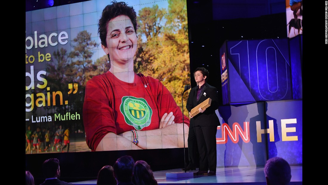 CNN Hero Luma Mufleh of &lt;a href=&quot;http://www.cnn.com/2016/04/14/us/cnnheroes-luma-mufleh-soccer-fugees/index.html&quot; target=&quot;_blank&quot;&gt;Fugees Family&lt;/a&gt; speaks onstage after accepting her award. She founded a school and soccer program for young refugees near Atlanta.