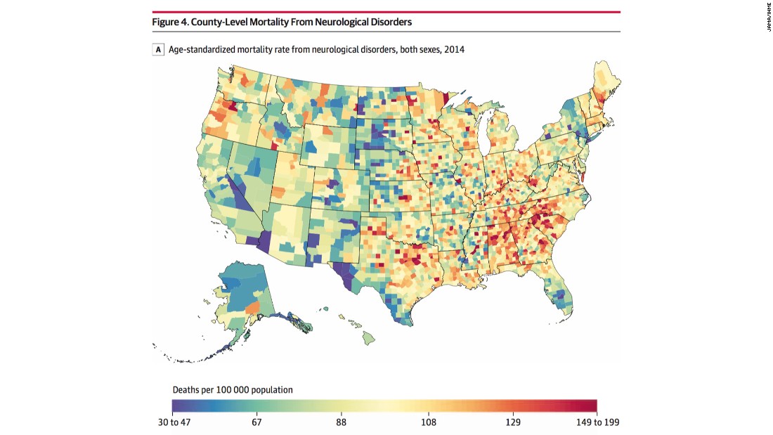 Large increases in death rates due to neurological disorders were observed in Southern counties, stretching from eastern Texas and Oklahoma through to Alabama.