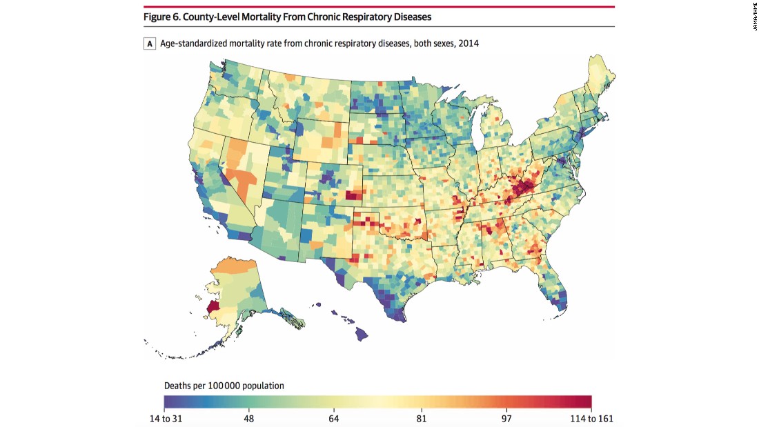 Increased mortality rates due to chronic respiratory diseases were observed in counties in eastern Kentucky, West Virginia, and southeastern Colorado.