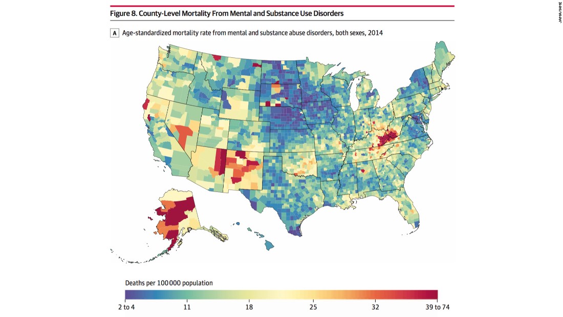 Counties in Kentucky, West Virginia, Ohio, Indiana, western Pennsylvania and east-central Missouri saw mortality rates rise for deaths due to mental and substance use disorders.